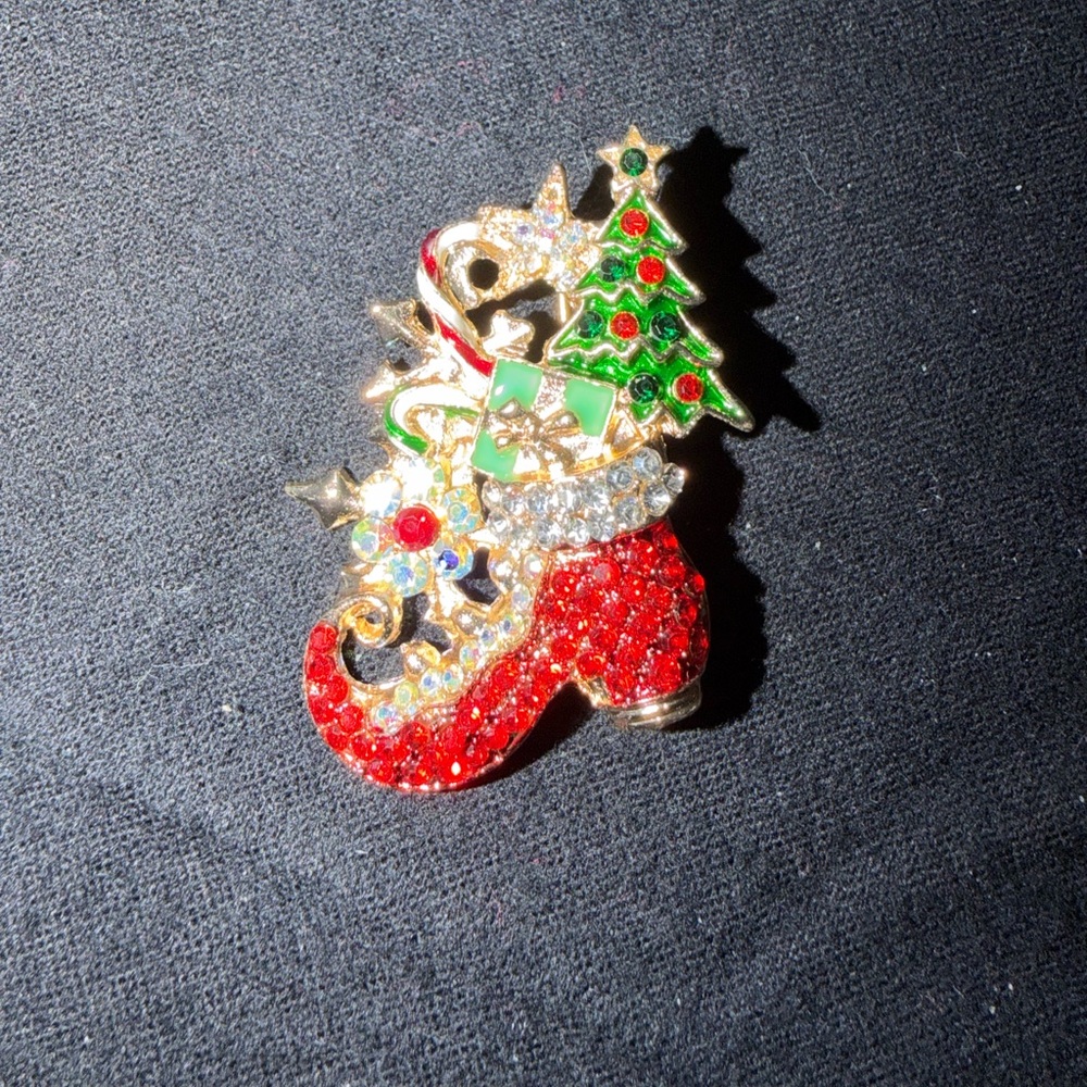 Festive Crystal Christmas Stocking Brooch - Red & Green